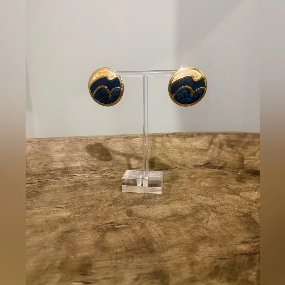 Vintage Large Enamel Circle Earrings - Blue and Champagne Color